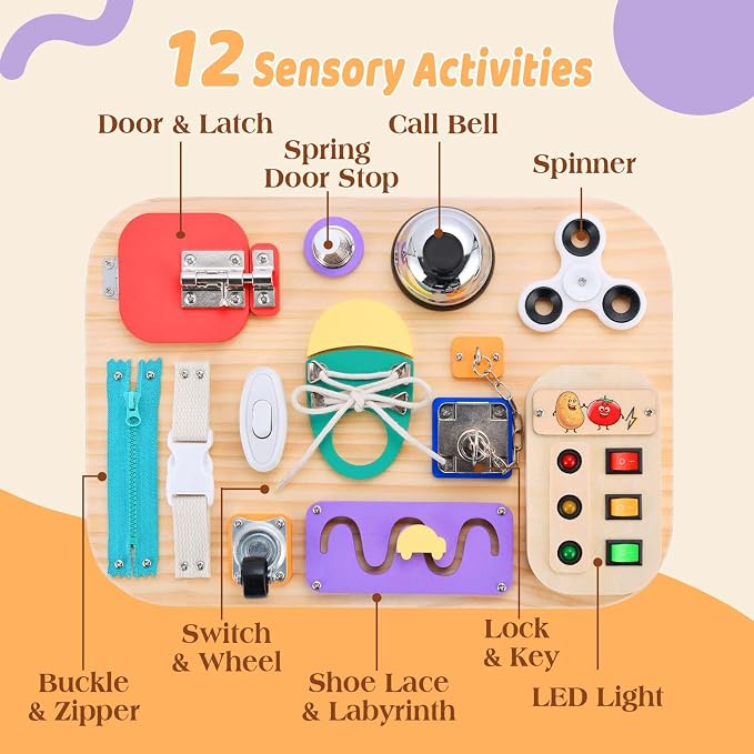 Potatomato Montessori Busy Board - Wooden Sensory Toys for Toddlers -Activity Board Toys for Fine Motor Skills - Educational Fidget Toys for Boy & Girl - Birthday Gifts for 3 4 Years