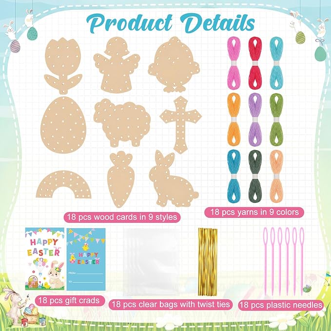 Capoda 18 Sets Back to School Crafts for Kids Wooden Classroom Lacing Card Toys Spring Basket Essentials with Colorful Threads for Classroom Girls Boys Spring Craft Activities Baskets Filler Supplies