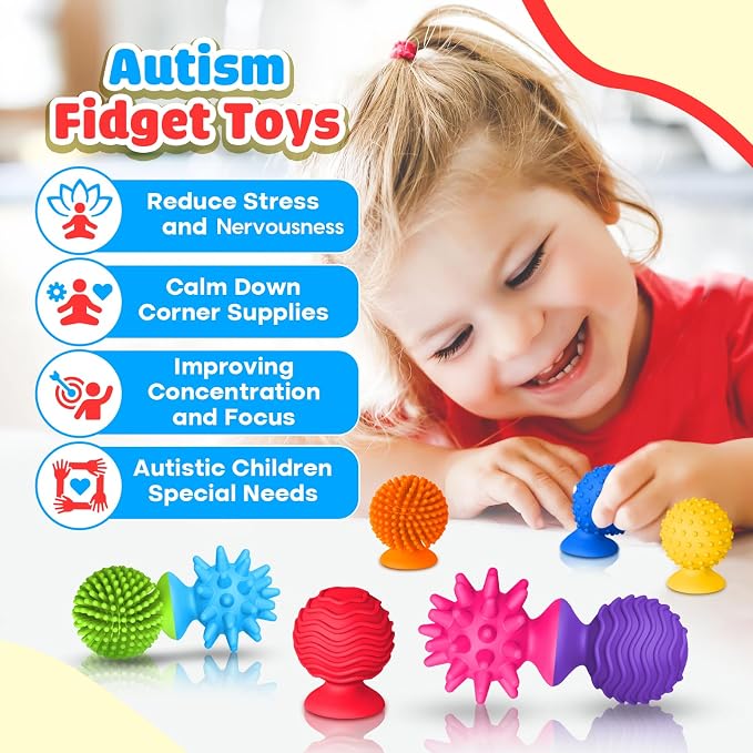 Sensory Toys Fidgets for Kids Adults Autism 8 Pack Textured Suction Cup Toy | Quiet Desk Fidgets for Classroom Stress, Sensory Special Needs Items for Autistic Boys Girls Stocking Stuffers Travel Gifts