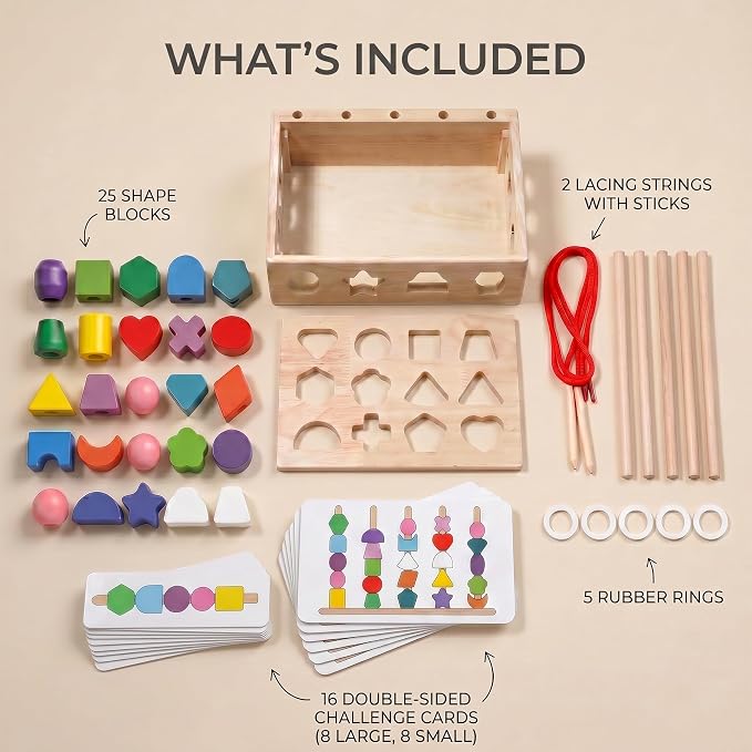 Sorting Stacking Sequencing Lacing Beads Toy with Pattern Cards | 4 in 1 Montessori Wooden Shape Sorter Toy, Fine Motor Skills Learning Toy for Toddlers Preschool Boys Girls