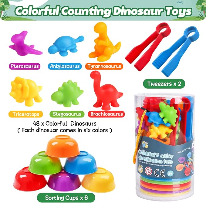 Counting Dinosaur Montessori Toys for Kids 3-5, Color Sorting Sensory Toys | Sensory Bin Toy, Counting Bears, Fine Motor Skills, Preschool Learning Educational Toy for 3 4 5 Year Old, Birthday Gifts