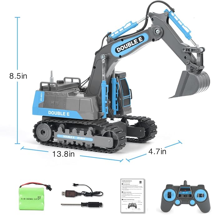 DOUBLE E Remote Control Excavator Toy RC Excavators Rechargeable Battery Digger Hydraulic Construction Toys Vehicles Xmas Gift for Boys Girls Kids 3-14 Years，Gray-Blue
