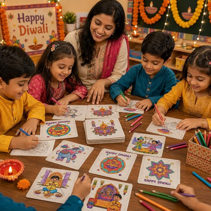 Cinrobiye 24 Pcs Diwali Coloring Puzzle Craft, Deepavali Festival of Lights DIY Activity Jigsaw Puzzle Set, Indian Festival Decorations for Classroom, Home Celebration, Cultural Events, Party Favors