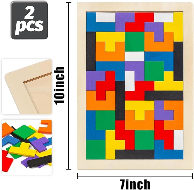 3 Otters Wooden Tangram Puzzle, 2-Pack Russian Blocks Brain Teaser | 3D Russian Blocks Intelligence Toy, STEM Montessori Educational Gift for Kids, Homeschool, Classroom, and Screenless Play