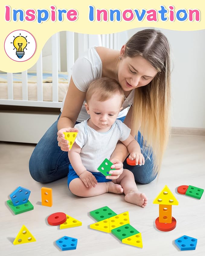 kecristv Montessori Toys for 1 2 Year Old Girl and Boy Birthday Gifts | Toddler Toys 1-2 2-3, Shape Sorter, Wooden Block, Learning Educational Sensory Stacking Toy, Toddler Puzzles, Birthday Gifts