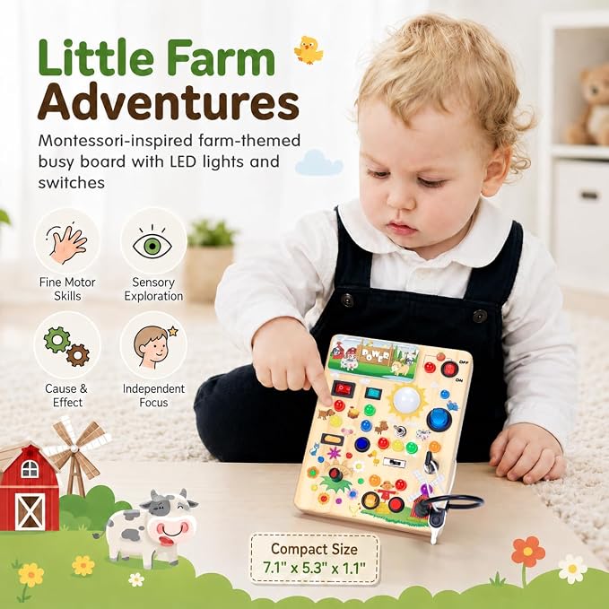 Busy Board with LED Light Switches, Montessori Toys for 1 2 3 Years Old, Toddlers Wooden Toy Sensory Activity Board, Travel Toys for 1+ Year Old Boy & Girl Birthday Gift (Farm)