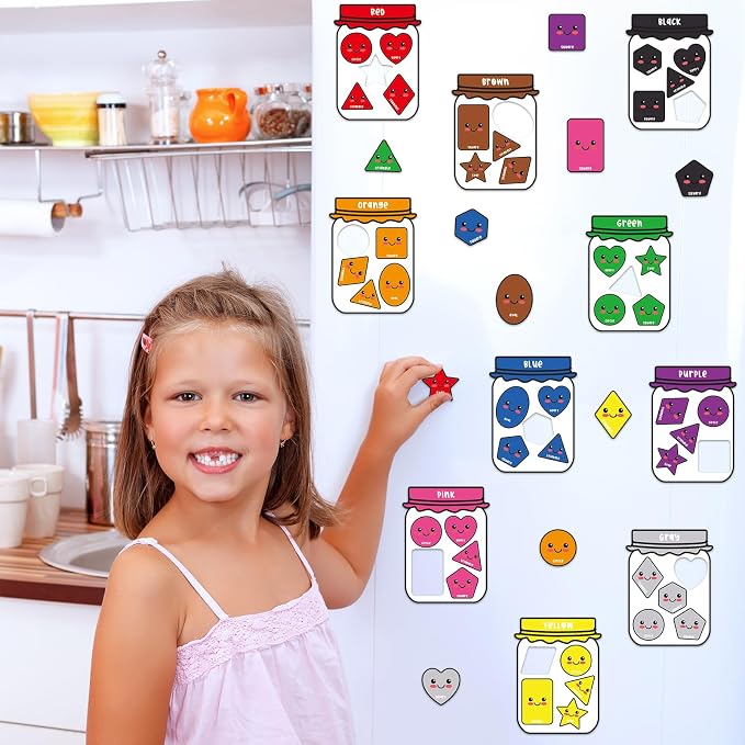 QOUBAI 10 Packs Shape Color Recognition Fridge Magnetic Sorting Set | Shapes Magnets for 1-3 Toddlers Educational,Kids Preschool Learning Magnets for Refrigerator Whiteboard Classroom Game