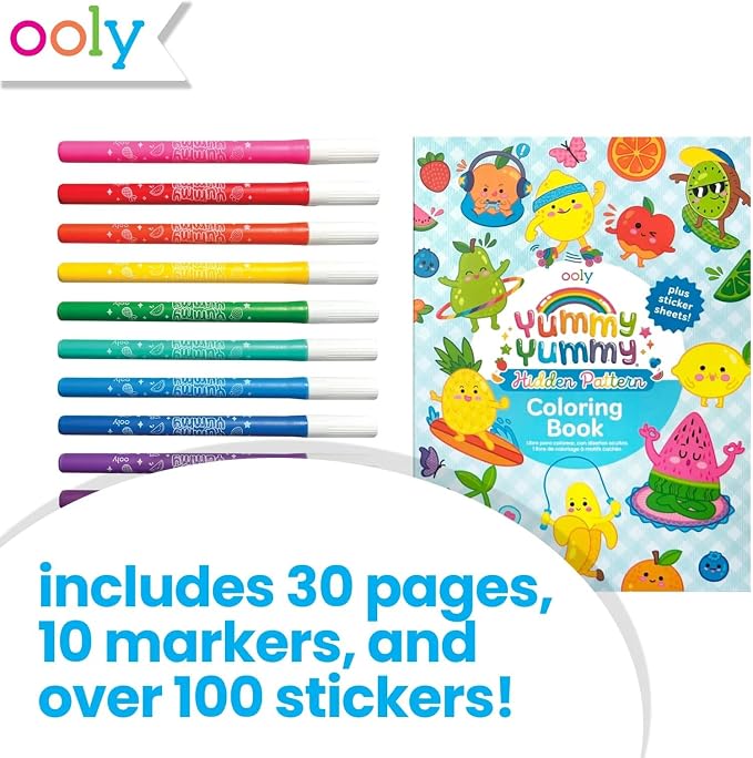 Ooly Yummy Yummy Scented Coloring Kit for Kids, 10 Markers, 30-Page Book | Ages 4+, 10 Fruit-Scented Markers, 100+ Scented Stickers, 30-Page Hidden Pattern Coloring Book, Mess-Free Travel Activity