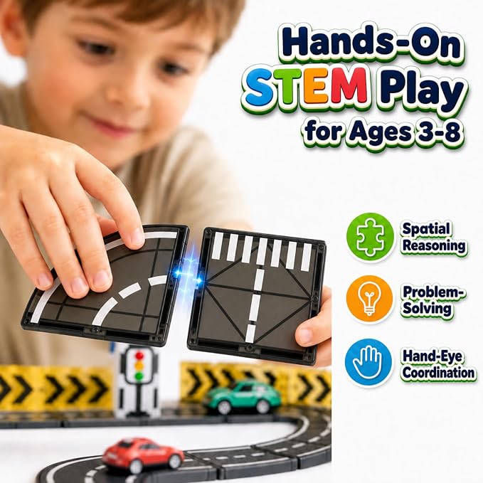 Magnetic Tiles Road Set with Cars, Magnetic Blocks for Kids Ages 4-8 | 6 Cars, Traffic Lights & Road Signs, STEM Construction Toy for Boys Girls Ages 3-5 4-8 5-7, Expansion Magnetic Building