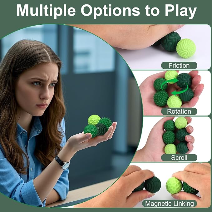 BUSOHA Silicone Magnetic Fidget Balls - 6 Pack Fidget Toys for Adult | Six Unique Textures Sensory Support,Quiet and Silent Stress Relief,Lightweight,Office,Travel,Anxiety,ADHD,Green