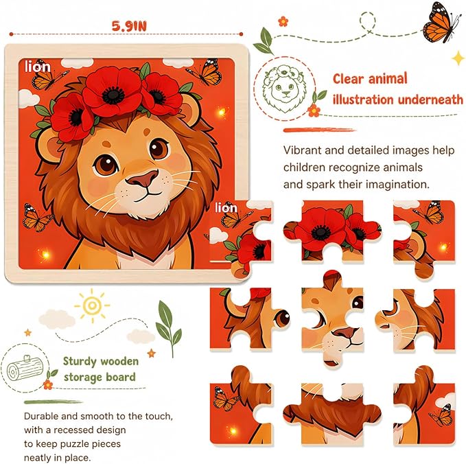 Wooden Jigsaw Puzzles for Kids Ages 3-5, 8-Pack 9-Piece Animal Puzzles Toy | Animal Wood Puzzles Set, Toddler Brain Teaser Toys, Gifts for Boys Girls Ages 3 4 5 6