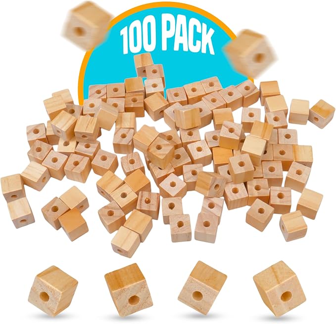 Wood Cubes with Holes, 100-Pack - 1/2 in. Blocks for STEM Cars | 100 half-inch wood cubes pre-drilled for axles and dowels, ready for car and machine builds