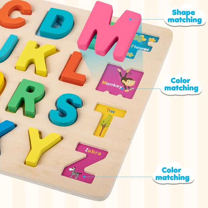 Attmu Alphabet Wooden Puzzles for Toddlers 3 Pcs ABC Shape Number Puzzle | Learning Toys for Kids, Preschool Educational Activities Toddler Gift Toys for Girls Boys Christmas Valentines Easter