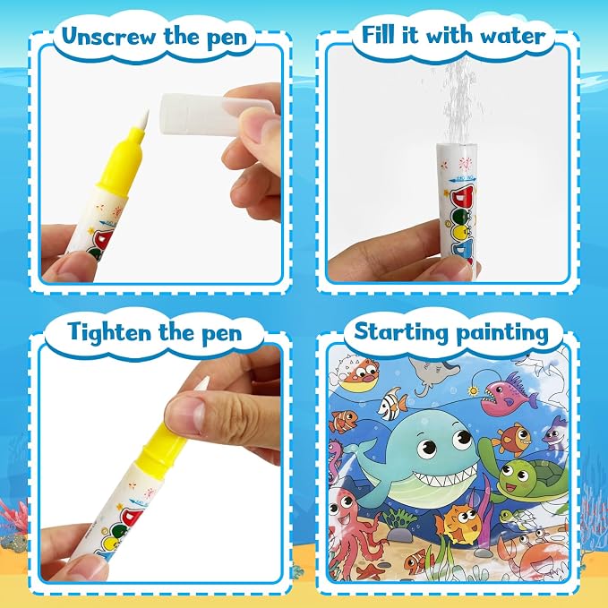 Bresdim Reusable Water Coloring Book for Toddlers Kids 3-5 | No Mess Water Painting Book with Water Pen,Quiet Activity Busy Books,Travel Toy Early Learning Gift for Boys Girls,24Pages