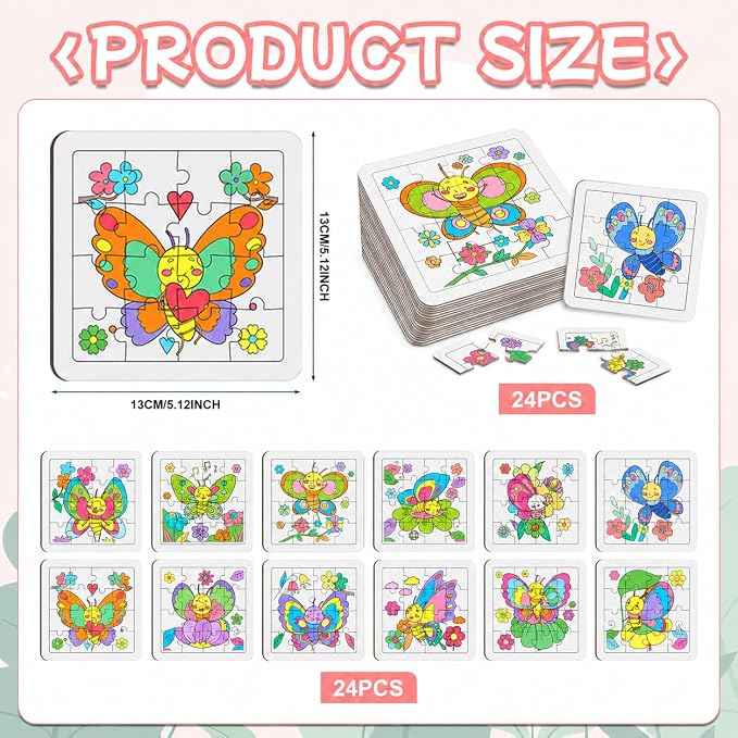 Cinrobiye 24 Pcs Butterfly Coloring Puzzle Craft Kit, DIY Butterfly Jigsaw Puzzles Bulk, 12 Designs Spring Arts Crafts Set, Butterfly Puzzle Party Favors, Creative DIY Party Supplies and Gifts