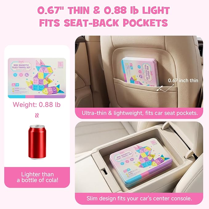 burgkidz Magnetic Tiles Travel Set: 40Pcs Pastel Macaron Portable Tin Case | Ultralight Tin Box Serves As Building Base, 45+ Mins Quiet Play, Fits Lap Tray for Airplane Trips, STEM Toy for Kids Ages 3+