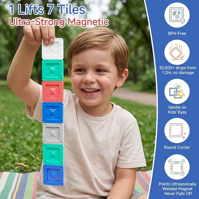 Magnetic Tiles Travel Tin Set: Airplane Activities for Kids Ages 4-8 | 40 Pcs Morandi Building Blocks, 90+ Mins Quiet Play, 45s Cleanup, Powerful Magnets, Holds 7 Tiles, Portable for Car Trips