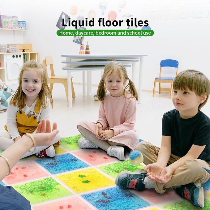 LONGKING 4-Sheet Liquid Square Sensory Tiles, Animal Pattern, Colorful Floor Tile for Play Centers, Playroom, Lava Tiles, 11.8"x11.8" | Sensory floor tiles, soft liquid gel, 11.8"x11.8", color movement play mat, playroom classroom daycare, 4-sheet