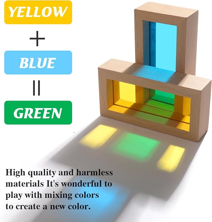 Wooden Montessori Building Blocks w/Acrylic Windows, 32pc, 18M+ | Color-mixing light play; 9 shapes, 7 colors; smooth beechwood frames; screen-free STEM learning