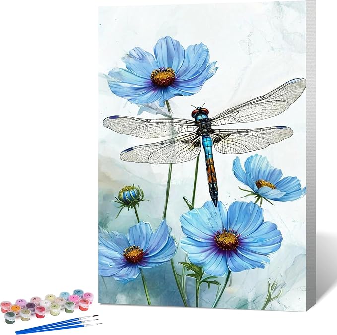 Fountor Framed Paint by Numbers Kit for Adults Beginner & Kids Ages 8-12, Dragonfly Paint by Number with Frame, Easy Acrylic Flowers Painting by Numbers Kit on Canvas 8x12 inch