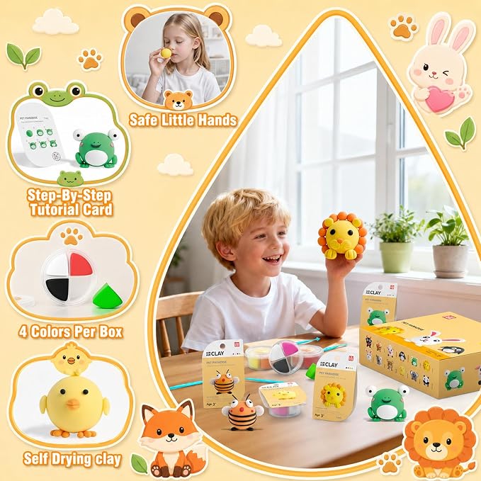 Air Dry Clay Kit -12 Animals Modeling Clay for Kids Arts and Crafts | Ultra Light & Soft,Safe & Non-Toxic,No-Sticky & Crack,DIY Molding Clay with Sculpting Tools,Party Favors Gifts for Girls Boys