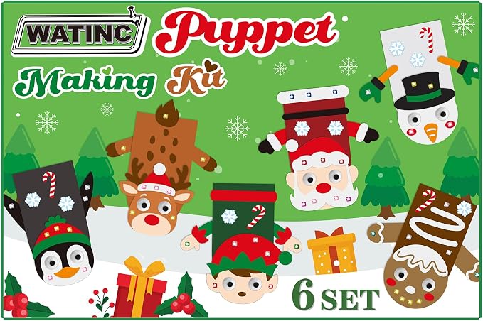 WATINC Hand Puppet Making Kit, Felt Sock Puppet Toys for Kids (Christmas) | 6 Styles, Make Your Own Storytelling & Role Play Crafts, Creative Group Activity, Party Favors & Gifts for Kids Ages 4-8
