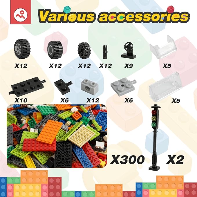 HUIZDQ 450pcs Wheels and Axles Set, Compatible with Classic Brick Toys | Including Wheels, Windshield, Traffic Light, Vehicle & Truck Parts, Classic Pieces & Accessories