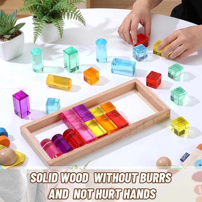 27 Pcs Acrylic Wooden Gem Blocks Sparkling Translucent Cubes Stacking Toys Wooden Cubes Blocks with Colorful Acrylic Open Ended Play Montessori Educational Toys (Square)