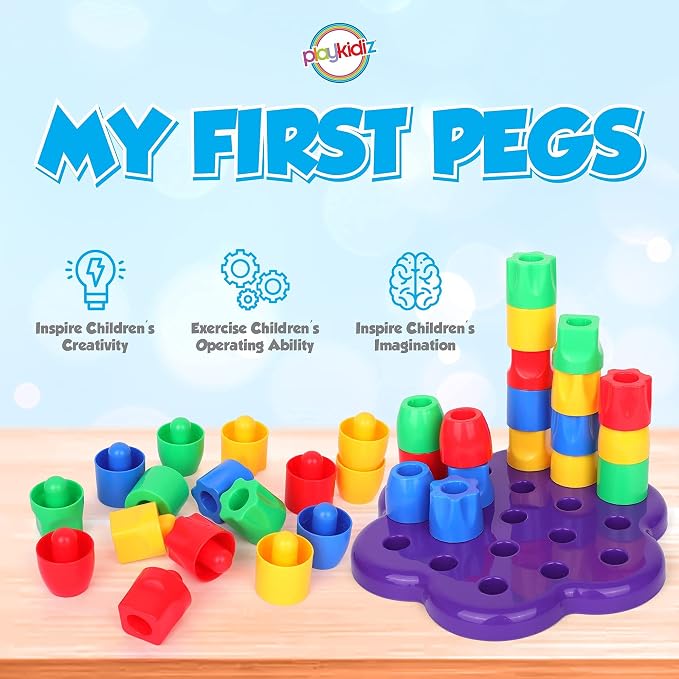 My First Pegs Playset, Large Colored and Fun Shape Stacker Plastic Pegs, Baby and Toddler Peg Board Toys, Play and Learn STEM Toy, Fine Motor Skills, Ages 18m+