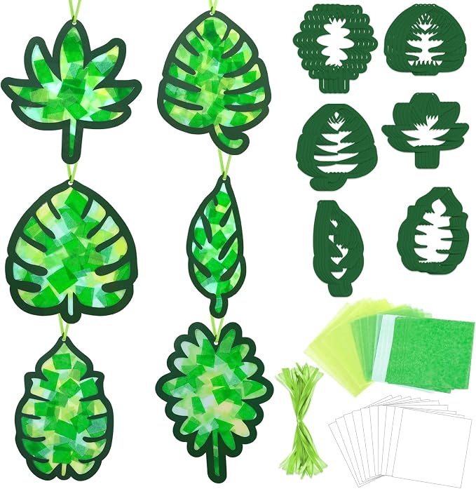 Qyeahkj 36 Set Palm Sunday Suncatchers Crafts for DIY Easter Palm Leaves Window Tissue Paper Crafts Kit Green Leaf Hanging Decor for Spring Home Activity Art Project Party Favor Gift