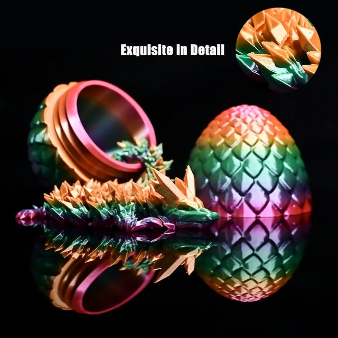 12" 3D Printed Dragon Eggs with Dragon, Articulated 3D Fidget Toys for Kids | Crystal 3D Dragon Toys for Boys Girls, Small 3d Printed Animals, Dino Dinosaur Eggs Toys, Easter Basket Stuffers（Rainbow）