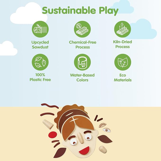 PlanToys® Wooden Build A Face Play Set Montessori Social Emotional Kids Toy | face pieces, sensory toys, girls, boys, emotional expression, creative fine motor gift preschool learning family fun set