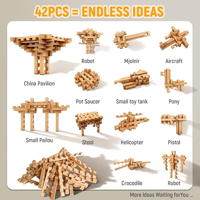 15 in 1 STEM Wooden Building Blocks -15+ Shapes, 3D Puzzle, Logic Brain Games, Educational Toys Gift for Kids and Classroom, Montessori STEM Toys for Ages 5+ to Adults