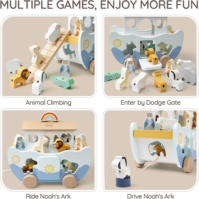 Joyreal Wooden Noah's Ark Toy for 1 Year Old Baby Boy and Girl Baptism Gift | Neutral Color, Montessori Educational Toy, Animal Shape Sorter, Christian Toys for Toddler 1-3, Christmas Birthday Gift