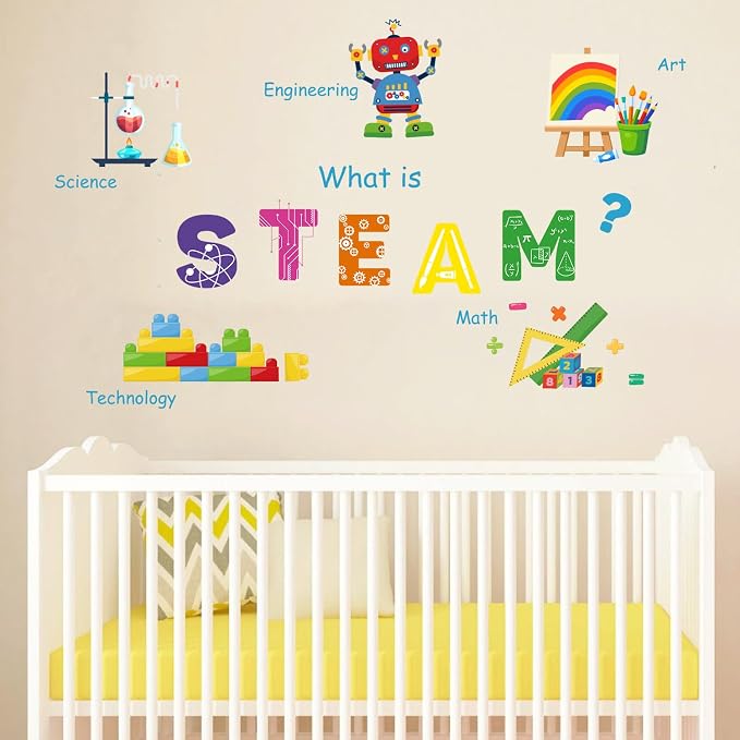 LHIUEM Large STEAM Wall Decal Colorful Steam Bulletin Board Wall Stickers | STEAM Science Educational Wall Decor Funny School Classroom Sticker for Wall Lab Learning Mural for Kids Classroom Laboratory