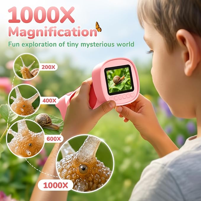 1000X Handheld Digital Microscope for Kids with 2.4" IPS Screen | Portable Educational STEM Microscope Toy with Photo/Video, 8 LEDs, Manual Focus, Rechargeable for Ages 4-12 Boys & Girls