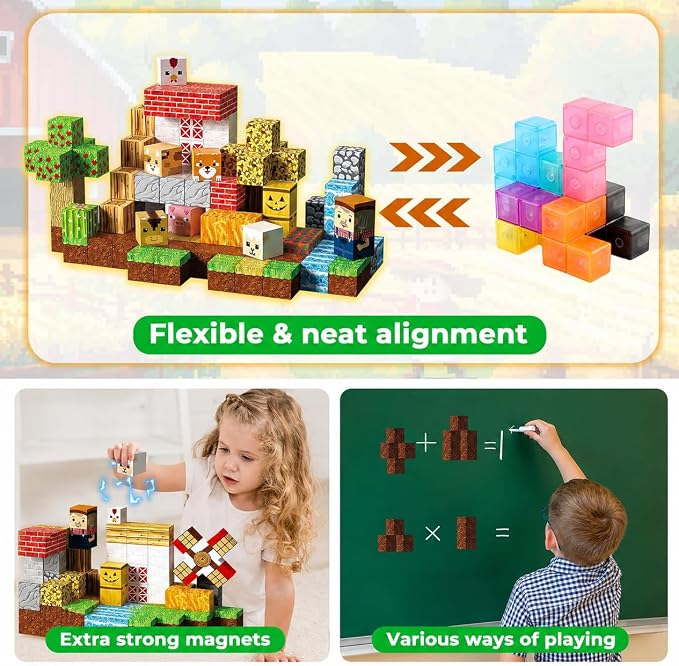 GraceDuck 120 PCS Magnetic Blocks - Magnetic Building Blocks, Magnetic Farm Animal Homes Stacking Magnets for Kids, STEM Montessori Sensory Toys for Kids 3+ Boys and Girls Christmas Birthday Gifts