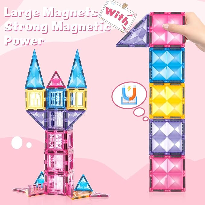 BENOKER Pink Castle Magnetic Tiles for Kids Ages 3-8, 3D STEM Toys with Sparkling Building Blocks, Creative Educational Gift for Boys and Girls, Preschool Learning Toys for Birthday | 58P sparkling pink castle magnetic tiles, creative educational gift ...