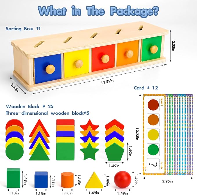 Peacurh Montessori Toys Wooden Color & Shape Sorter Toys for Toddlers, Matching Box Sorting Blocks Manipulatives Preschool Learning Educational Toy for 3 4 Year Old Boy Girl Kid Gifts