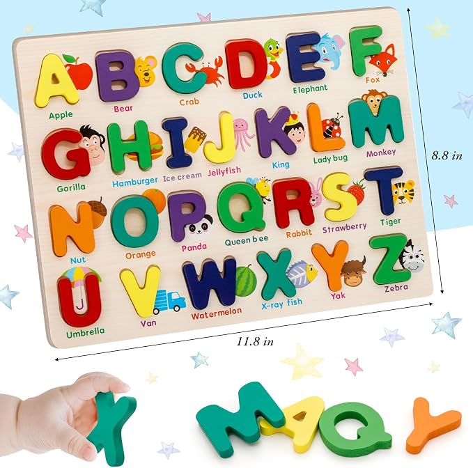 Alphabet Puzzle Wooden Puzzles for Toddlers ABC Shape Learning Toddler Toys | ABC Puzzle with Board & Letter Blocks, Preschool Educational Toys for Girls Boys, Pattern Alphabet