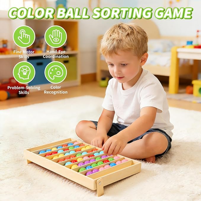 56 PCS Wooden Color Sorting Balls Toy with Storage Box | puzzle colorful ball sorting game, rainbow sensory color matching & return game for kids ages 3+