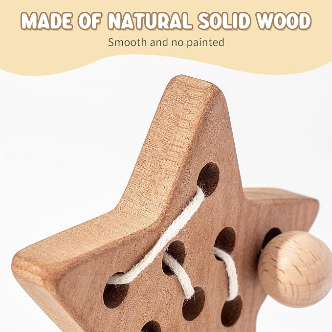 3 Pack Wooden Lacing Threading Toys for Toddlers 1-3 Solid Wood Threading Activity Puzzles, Moon/Stars/Cloud Quiet Toddler Toys for Airplane Travel Fine Motor Skills Sensory Toys