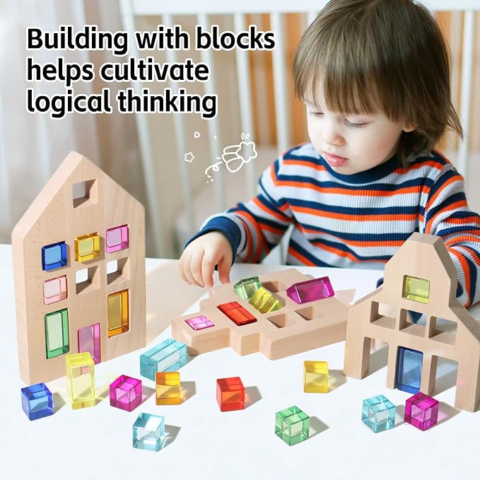 25 Pcs Rainbow Acrylic Building Blocks with 3 Beech Wood Houses, Dual Insert & Stack Sensory Toy, Light Refraction Gem Blocks, Montessori Creative Educational Gift for Toddler Boys Girls 1-5 Years Old