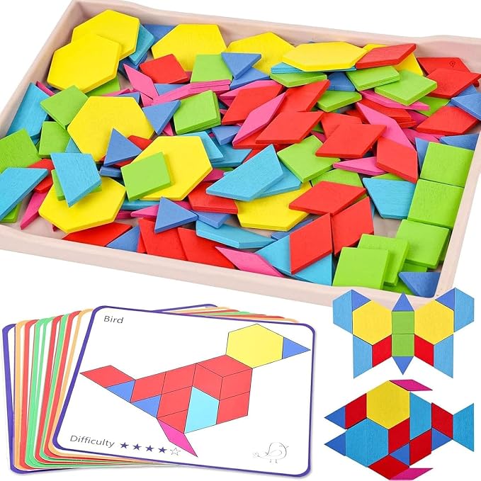 3 Otters 150Pcs Wooden Pattern Blocks Set, Geometric Tangram Shapes | with Activity Cards, Storage Bag, Screenless Play for Kid, Homeschool, Classroom, Travel Essential