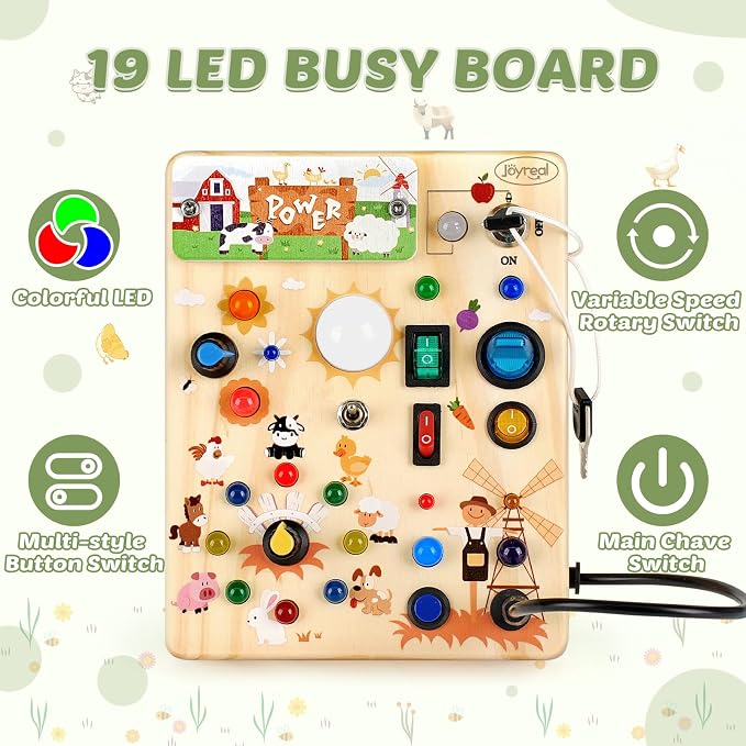 Joyreal Wooden Busy Board for Toddlers - Montessori Toys for 1 2 3 Year Old | Sensory Activity Board with 10 Switches & 19 Lights, Toddlers Activity Travel Toys for Boy & Girl Birthday Gift (Farm Theme)