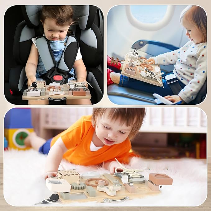 Joyreal Wooden Busy Board for Toddlers, Montessori Toys for 1 2 3 Year Old, Sensory Activity Board with Music Box & 12 Motor Skill Activities, Educational Travel Toys Gift for Boys Girls