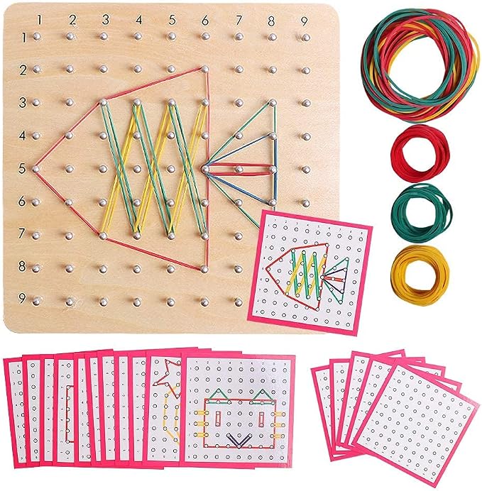 Wooden Geoboards - Montessori STEM Toy with Pattern Cards for Kids Ages 3+ | Pattern Cards & Rubber Bands, Geometric Shape Learning, Classroom STEM Tool, Brain Teaser Gift