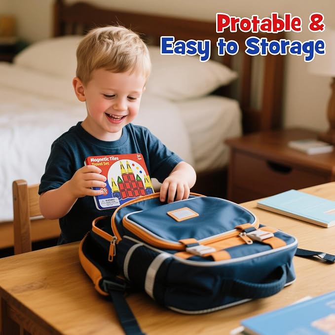 WMXDU Mini Magnetic Tiles with Iron Case, Kid's Travel Essential | Portable Creativity On-The-Go Magnet Blocks STEM Travel Toys for Toddler Boys Girls Ages 3+, 26-Piece