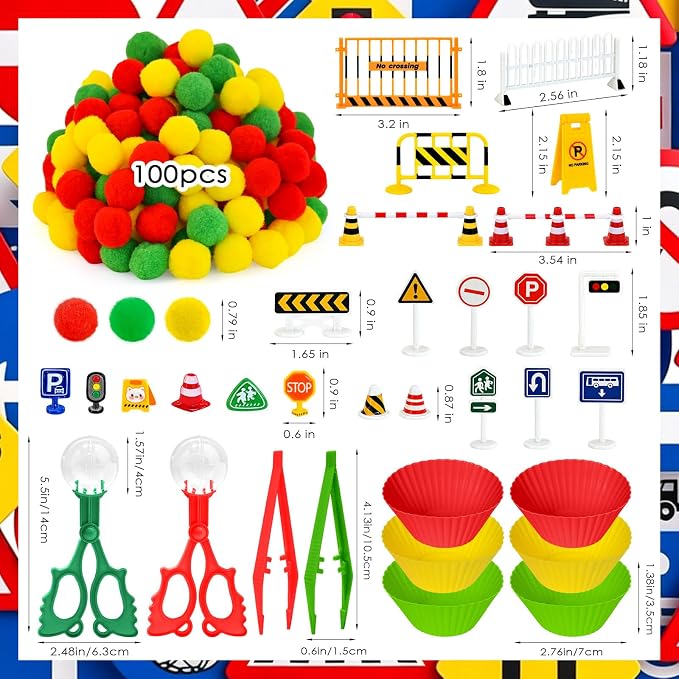 143 Pcs Traffic Sensory Bin Items Traffic Light Stop Sign Traffic Cones Parking Sign Crosswalk Counting Sorting Sensory Bin Filler Fine Motor Traffic-Themed Counts for Summer Counting Sorting
