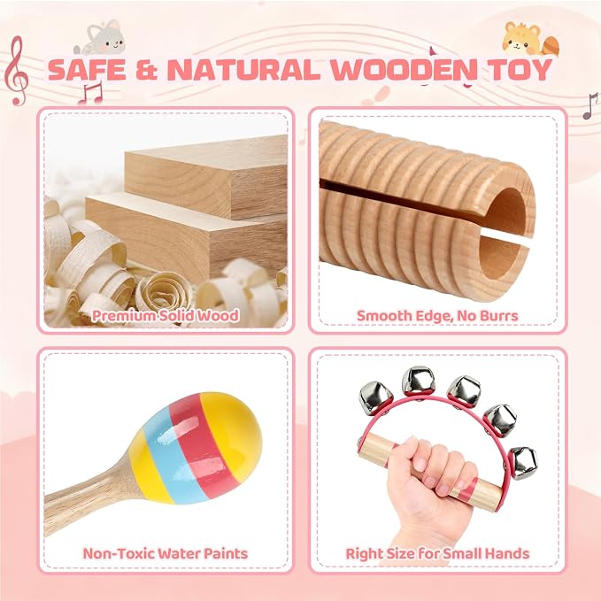 Baby Musical Instruments - Montessori Wooden Musical Toys for Toddlers Kids | 10pcs Tambourine Percussion Instruments Set, Preschool Music Learning Sensory Toys, Educational Birthday Gifts for Boys Girls